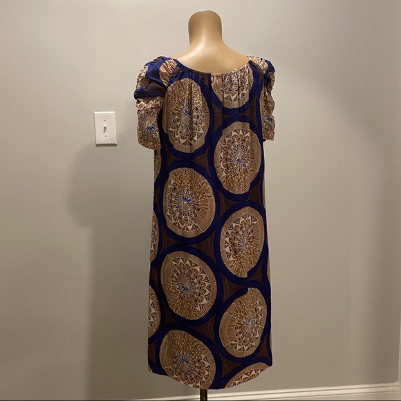 Etcetera Royal Blue & Beige Short Sleeve Cotton Shift Dress Size: 0 - Picture 3 of 12